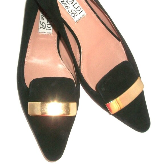 Pancaldi for Diane B Pointy Black Suede Flats with Gold Metal Detail 6.5M - Picture 2 of 10